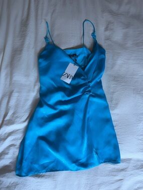Zara Blue Satin Slip Dress with Spaghetti Straps